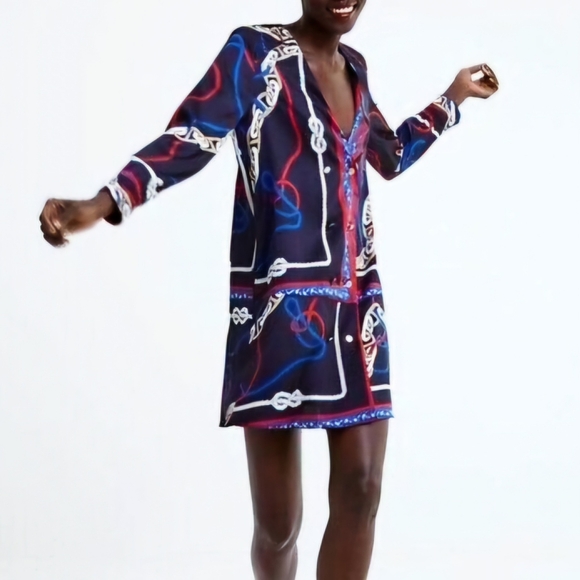Zara Dresses & Skirts - Zara Knots Chains Printed Mini Dress S Small Long Sleeve Double Breasted Satin